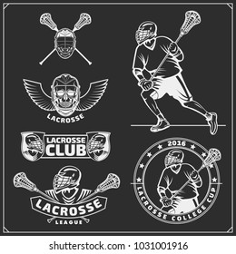 Lacrosse club labels, emblems, design elements and silhouettes of the players.