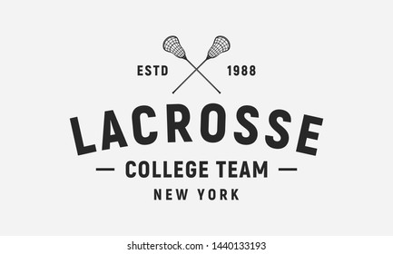Lacrosse emblem, logo, label template. Lacrosse logo. Lacrosse crossed sticks isolated on white background. Lacrosse college team. Vector emblem