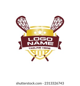 Lacrosse Emblem, Logo, Label Template. Lacrosse Logo. Lacrosse Crossed Sticks Isolated On White Background. Lacrosse College Team, Illustration of player, premium