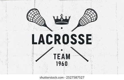 Lacrosse emblem, logo, label template. Lacrosse crossed sticks isolated on white background. Lacrosse team. Vector emblem