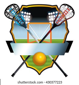 A lacrosse emblem with sticks, ball, and goal on a lacrosse field badge. Vector EPS 10 available.