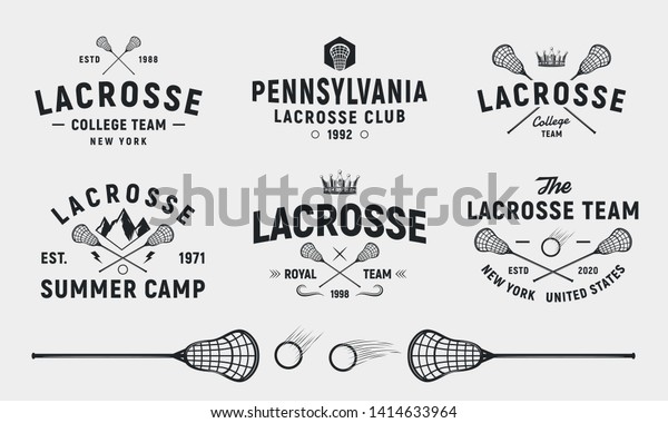 Lacrosse\
emblems, logos, badges templates. Set of 6 Lacrosse logos and 3\
design elements.  Lacrosse stick and ball isolated on white\
background. Lacrosse team vector\
emblems