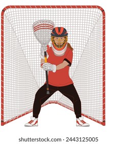 lacrosse, female goalkeeper holding lacrosse stick, standing in front of net isolated on a white background