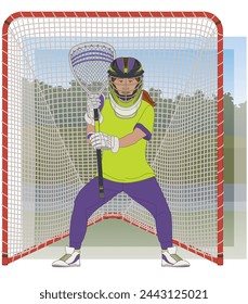 lacrosse, female goalkeeper holding lacrosse stick, standing in front of net with an outdoor background