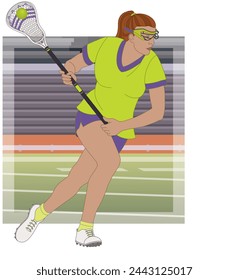 lacrosse, female player running with the ball in his lacrosse stick, with stadium in the background