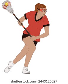 lacrosse, female player running with the ball in her lacrosse stick, isolated on a white background