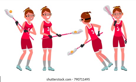 Lacrosse Female Player Vector. High School Or Colleges Girl. Team Members. Sport Competitions. Flat Cartoon Illustration
