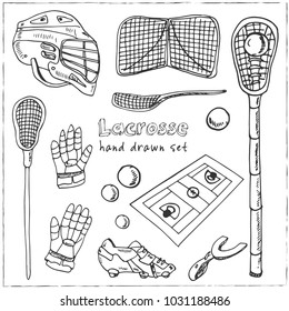 Lacrosse hand drawn doodle set. Sketches. Vector illustration for design and packages product. Symbol collection.