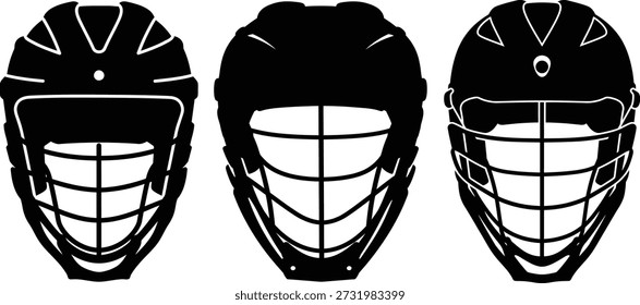 Conjunto de casco de lacrosse Vista frontal Protective Sports Gear Silhouette Icons