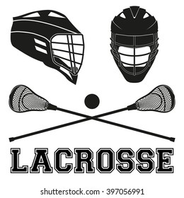 Lacrosse helmets and sticks and ball. Flat and silhouette style. Sport Equipment Front and Side View. Vector illustration isolated on white background.