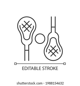 Lacrosse linear icon. Playing with lacrosse stick outdoor. Competitive team sport. Body workout. Thin line customizable illustration. Contour symbol. Vector isolated outline drawing. Editable stroke