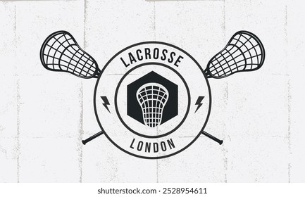 Lacrosse logo. Lacrosse label template. Lacrosse crossed sticks isolated on white background. Lacrosse team. Vector emblem