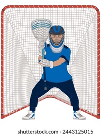 lacrosse, male goalkeeper holding lacrosse stick, standing in front of net isolated on a white background