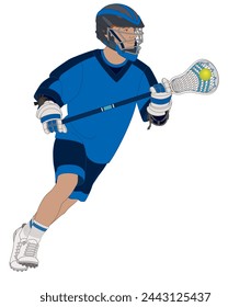 lacrosse, male player running with the ball in his lacrosse stick, isolated on a white background