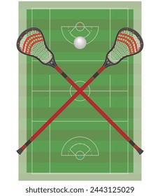 lacrosse, pair of lacrosse sticks crossed and ball in center with playing field in the background