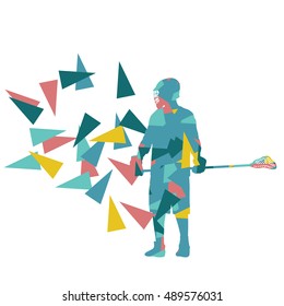 Lacrosse player abstract vector background illustration made of polygon fragments isolated on white