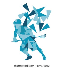 Lacrosse player abstract vector background illustration made of polygon fragments isolated on white