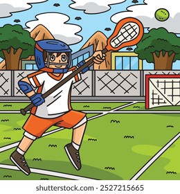 Jogador de lacrosse perseguindo bola colorido desenhos animados 