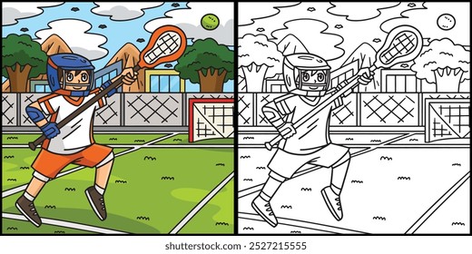 Jogador de lacrosse perseguindo bola colorir ilustração