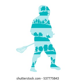 Lacrosse player in game vector background illustration concept made of forest trees fragments isolated on white