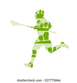 Lacrosse player in game vector background illustration concept made of forest trees fragments isolated on white