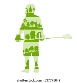Lacrosse player in game vector background illustration concept made of forest trees fragments isolated on white