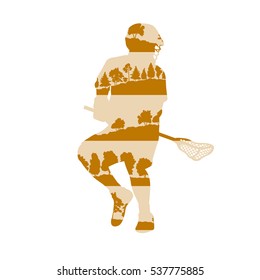 Lacrosse player in game vector background illustration concept made of forest trees fragments isolated on white