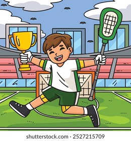 Lacrosse Player Jumping in Victory Colored Cartoon