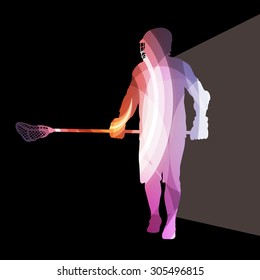 Lacrosse player in protective gear and in action man silhouette illustration vector background colorful concept made of transparent curved shapes