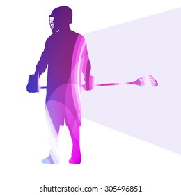 Lacrosse player in protective gear and in action man silhouette illustration vector background colorful concept made of transparent curved shapes