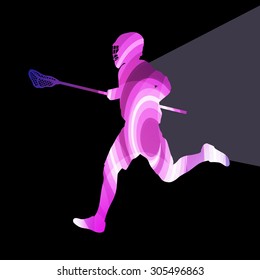Lacrosse player in protective gear and in action man silhouette illustration vector background colorful concept made of transparent curved shapes