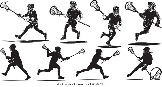Lacrosse player running with stick in different poses Vector, illustration