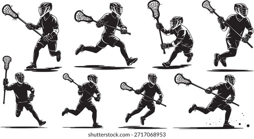 Jugador de lacrosse corriendo con palo en varias poses Vector, ilustración
