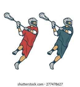 Lacrosse player in shooting pose isolated on white background