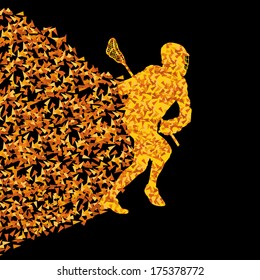 Lacrosse players active sports silhouette background illustration vector concept made of triangular fragments explosion