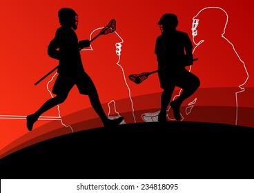 Lacrosse players active young men sport silhouettes vector abstract background illustration