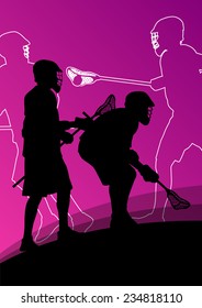 Lacrosse players active young men sport silhouettes vector abstract background illustration
