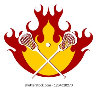 Lacrosse putter and ball on fire background. Flames with sticks for lacrosse. Vector illustration. 