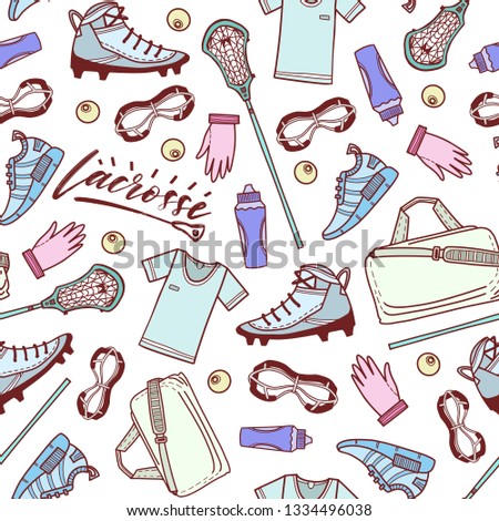 Lacrosse Sport Equipment pattern. Lacrosse hand drawn doodle set. Sketches for design and packages product on white bachground