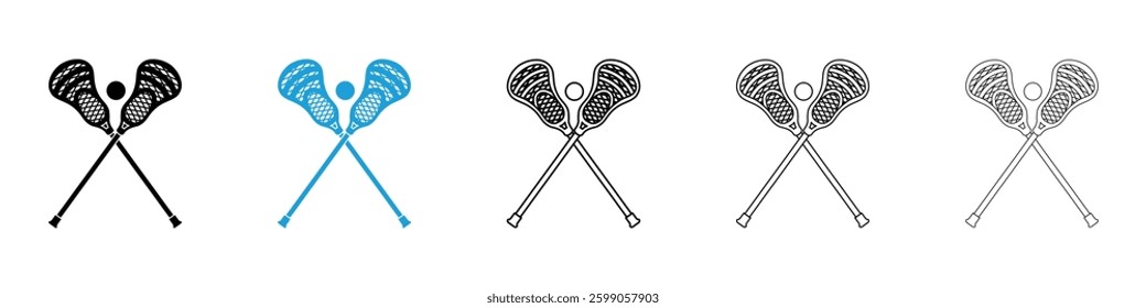 Lacrosse stick ball icons vector illustrations in black and blue colors for web and ui designs