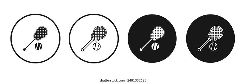 Lacrosse stick ball vector icon set black filled and outlined style.