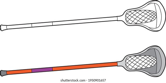 Lacrosse stick vector drawings, cartoon vector, line art and color. 