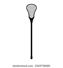 Lacrosse stick vector icon. Sports equipment symbol for lacrosse games, training, and outdoor activities. Black silhouette isolated on white background.