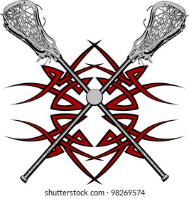 Lacrosse Sticks and Ball with Tribal Borders Vector Graphic