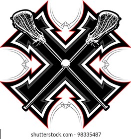 Lacrosse Sticks and Ball with Tribal Borders Vector Graphic