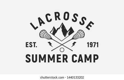 Lacrosse summer camp logo template. Trendy vintage design. Lacrosse sticks, ball and mountains isolated on white background. Lacrosse vector emblem