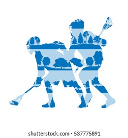 Lacrosse team in action vector background illustration concept made of forest trees fragments isolated on white
