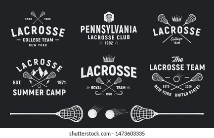 Lacrosse Team Vintage Logo Set. Lacrosse Stick And Ball Isolated On Black Background. Vector Illustration