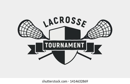 Lacrosse tournament logo, poster. Lacrosse sticks and shield isolated on white background. Vector template