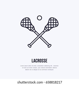 Lacrosse vector line icon. Ball and sticks logo, equipment sign. Sport competition illustration.